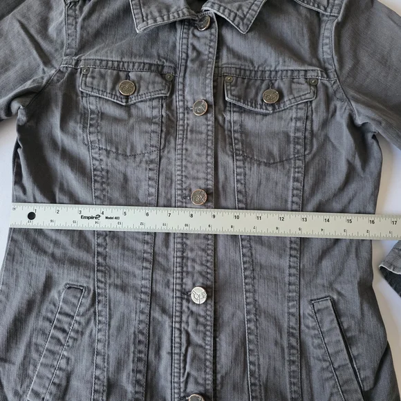 FOX Y2K Gray Denim Jacket Women XS Fitted Trucker Vintage Style - Picture 7 of 8